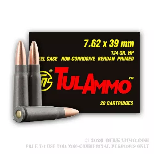 1000 Rounds of 7.62x39mm Ammo by Tula – 124gr HP