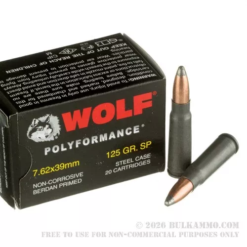 1000 Rounds of 7.62x39mm Ammo by Wolf – 125gr SP