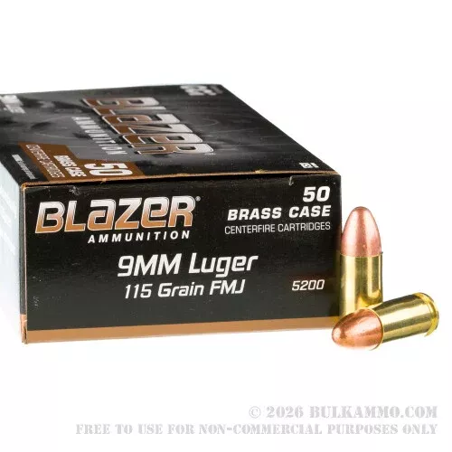 1000 Rounds of 9mm Ammo by Blazer Brass – 115gr FMJ