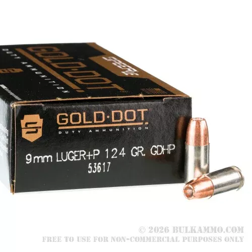 1000 Rounds of 9mm +P Ammo by Speer Gold Dot – 124gr JHP