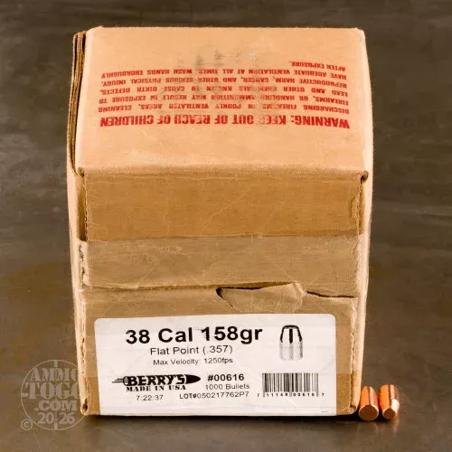 1000pcs – 38 / 357 Cal .357″ Dia Berry’s 158gr. Plated FP Bullets