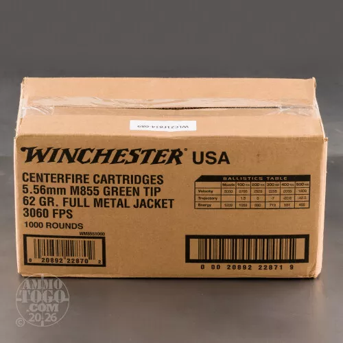 1000rds – 5.56x45 Winchester USA 62gr. FMJ M855 Ammo