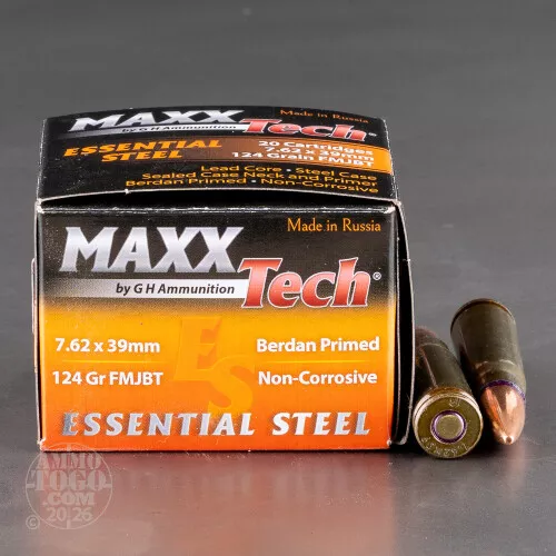 1000rds – 7.62x39 MAXXTech Essential Steel 124gr. FMJBT Ammo