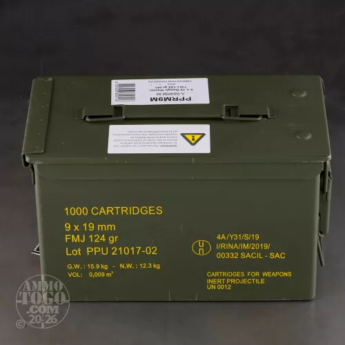 1000rds – 9mm Prvi Partizan Rangemaster 124gr. FMJ Ammo in Ammo Can