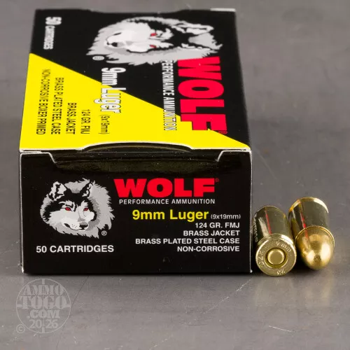 1000rds – 9mm Wolf 124gr. FMJ Ammo ***STEEL CASES***