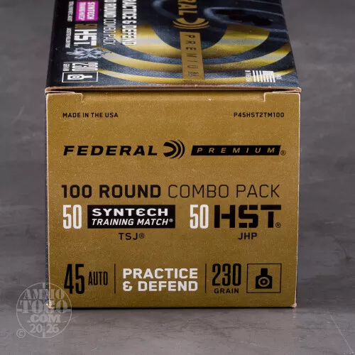 100rds – 45 ACP Federal Practice & Defend 230gr. HST JHP & Syntech TSJ Ammo