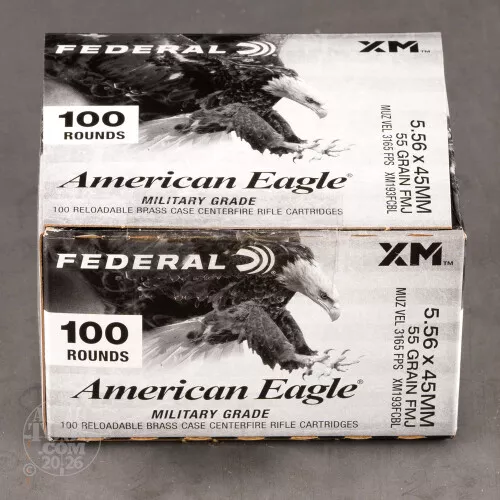 100rds – 5.56x45 Federal American Eagle 55gr. FMJ XM193 Ammo