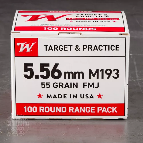 100rds – 5.56x45 Winchester USA 55gr. FMJ M193 Ammo