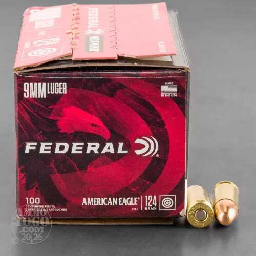 100rds – 9mm Federal American Eagle 124gr. FMJ Ammo