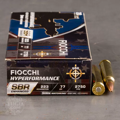 200rds – 223 Rem Fiocchi Hyperformance SBR Enhanced 77gr. HPBT MatchKing Ammo