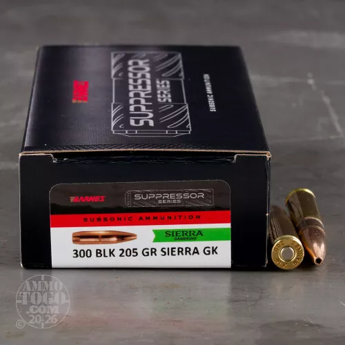 20rds – 300 AAC Blackout Barnes Suppressor Series 205gr. HPBT GameKing Ammo