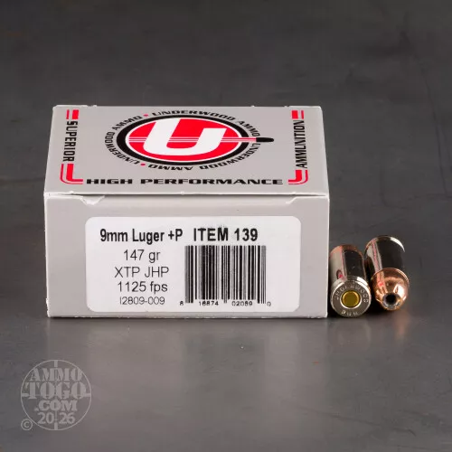 20rds – 9mm +P Underwood 147gr. XTP JHP Ammo