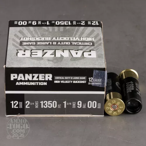 250rds – 12 Gauge Panzer 2-3/4" 9 Pellet 00 Buckshot Ammo