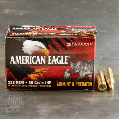 250rds – 223 Rem Federal American Eagle Varmint & Predator 50gr. JHP Ammo