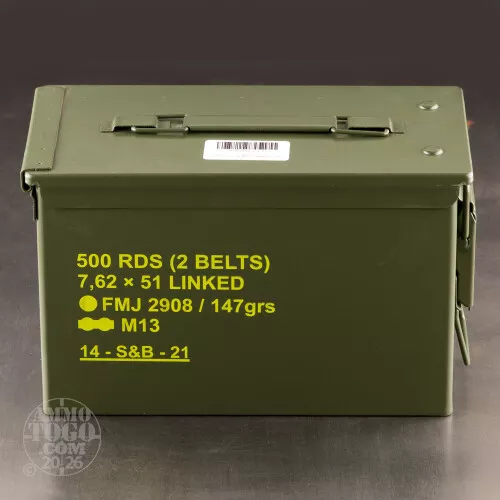 500rds – 7.62x51 Sellier & Bellot 147gr. FMJ M80 Linked Ammo
