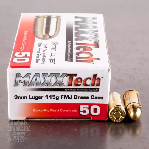 500rds – 9mm MAXXTech Brass 115gr. FMJ Ammo