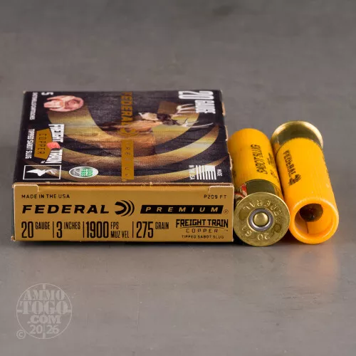 50rds – 20 Gauge Federal Freight Train Copper 3" 275gr Sabot Slug Ammo