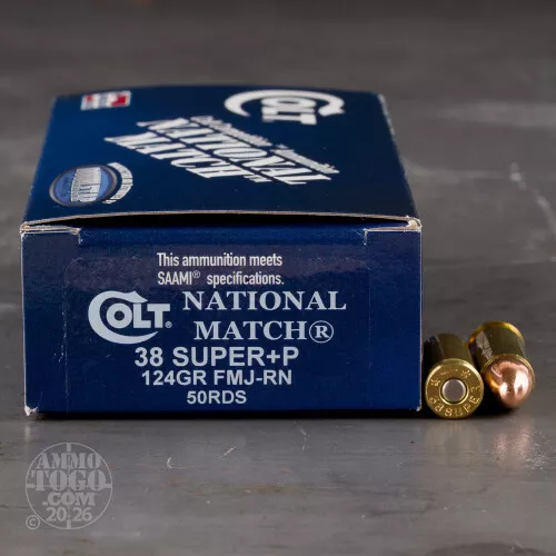 50rds – 38 Super +P Colt National Match 124gr. FMJ Ammo