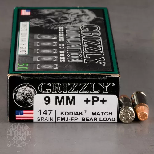 50rds – 9mm +P+ Grizzly 147gr. FMJ FP Ammo