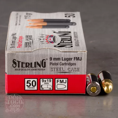 50rds – 9mm Sterling Steel 115gr. FMJ Ammo