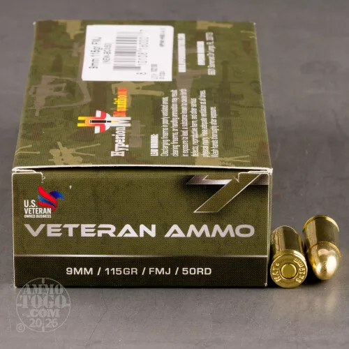50rds – 9mm Veteran Ammo 115gr. FMJ Ammo