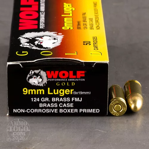 50rds – 9mm Wolf Gold 124gr. FMJ Ammo
