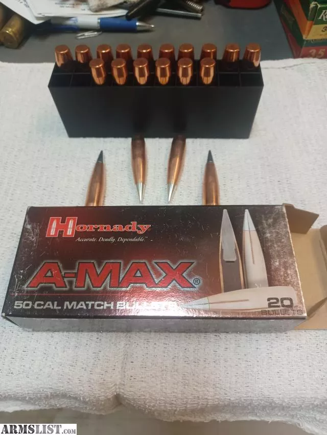 Hornady .50 cal, Match, A-Max bullets, 20 from Thunderbird Cartridge Co inc near Laveen, Phoenix, AZ