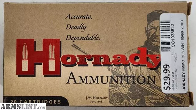 Hornady Custom 308 Winchester Ammo 165 Grain Hornady Interlock Jacketed Soft Point Box of 20 from Coast To Coast Pawn near Clearwater, Tampa/St. Pete, FL
