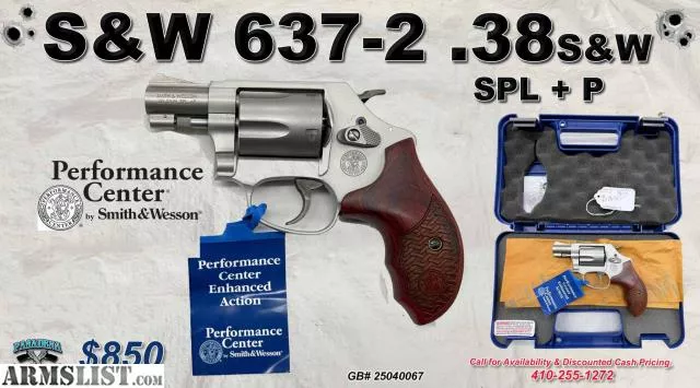Smith & Wesson 637-2 in .38S&W PERFORMANCE CENTER SPL + P from Pasadena Pawn & Gun LLC near Pasadena, Baltimore, MD
