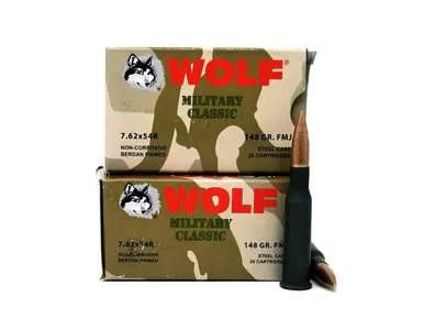 Wolf 7.62x54mm Rimmed Russian Ammunition Military Classic 148 Grain Full Metal Jacket Steel Case 500 Rounds
