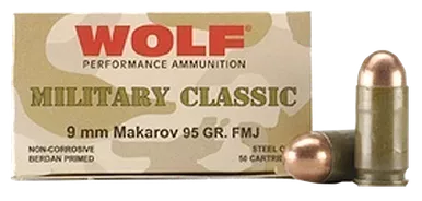 Wolf 9x18mm **Makarov** (NOT LUGER)Ammunition Military Classic 94 Grain Full Metal Jacket 50 Rounds