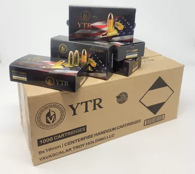 YTR 9mm Luger Ammunition YTR9MMFMJCASE 124 Grain FMJ Case 1000 Rounds
